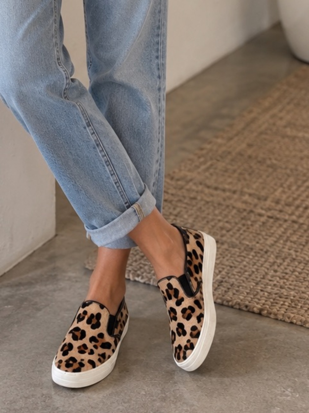 Genuine Calf Hair Leather Leopard Print Slip-On Rubber Sole Flatform Shoes